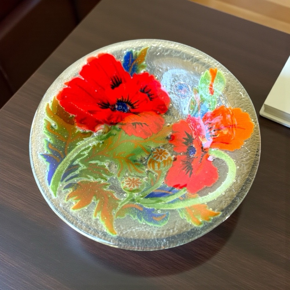 Vintage Peggy Karr Fused Glass Plate Red Poppy Flower Design
